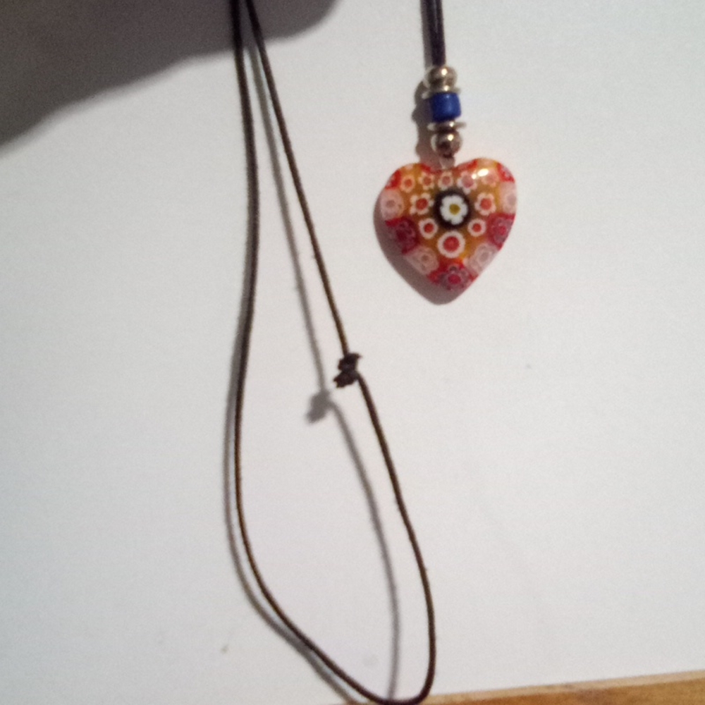 Vintage Floral Heart Glass Pendant on Slip Knot Cord - Picture 9 of 15